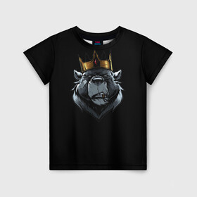 Детская футболка 3D с принтом king в Тюмени, 100% гипоаллергенный полиэфир | прямой крой, круглый вырез горловины, длина до линии бедер, чуть спущенное плечо, ткань немного тянется | для детей | для мальчиков | для мужиков | для мужчин | для парней | корона | медведь | россия | царь | черная