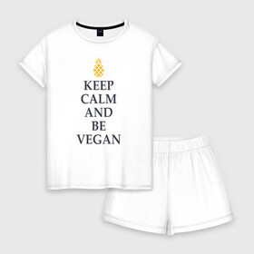 Женская пижама с шортиками хлопок с принтом Keep calm and be vegan в Тюмени, 100% хлопок | футболка прямого кроя, шорты свободные с широкой мягкой резинкой | keep calm and be vegan | vegaan | vegan | vegetables | vegetarian | ананас | веган | вегатерианец | вегетарианец | заткнись и будь веганом | зож | йога | медитация | овощи | экология | я веган