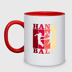 Кружка двухцветная с принтом Handball в Тюмени, керамика | объем — 330 мл, диаметр — 80 мм. Цветная ручка и кайма сверху, в некоторых цветах — вся внутренняя часть | hand ball | handball | play | игра | игра в ганбол | игра с мячом | мяч | руки | футбол
