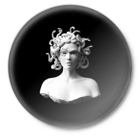 Значок с принтом Горгона с татуировками в Тюмени,  металл | круглая форма, металлическая застежка в виде булавки | античность | горгона | леди | медуза | скульптура | татуировки | фрик