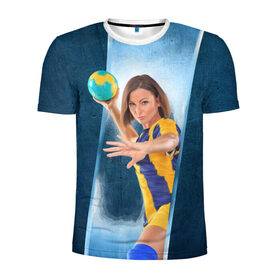 Мужская футболка 3D спортивная с принтом Гандболистка в Тюмени, 100% полиэстер с улучшенными характеристиками | приталенный силуэт, круглая горловина, широкие плечи, сужается к линии бедра | Тематика изображения на принте: hand ball | handball | play | игра | игра в ганбол | игра с мячом | мяч | руки | футбол