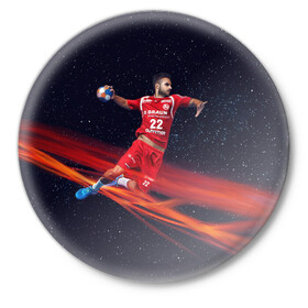 Значок с принтом Гандболист в Тюмени,  металл | круглая форма, металлическая застежка в виде булавки | hand ball | handball | play | игра | игра в ганбол | игра с мячом | мяч | руки | футбол