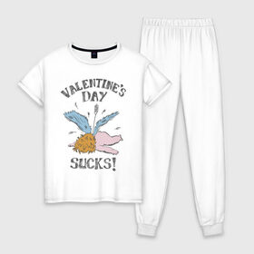 Женская пижама хлопок с принтом Valentines day sucks! в Тюмени, 100% хлопок | брюки и футболка прямого кроя, без карманов, на брюках мягкая резинка на поясе и по низу штанин | 14 февраля | антивалентин | день святого  валентина | любовь | подарок