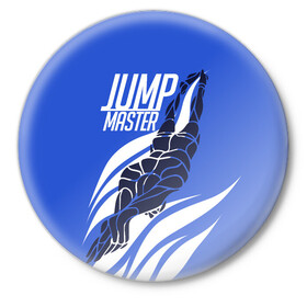 Значок с принтом Jump master в Тюмени,  металл | круглая форма, металлическая застежка в виде булавки | cliff diving | dive | diving | swimming | плавание | прыжки в воду | спорт