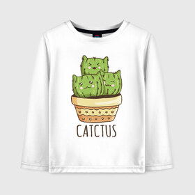 Детский лонгслив хлопок с принтом Кактус Котики в Тюмени, 100% хлопок | круглый вырез горловины, полуприлегающий силуэт, длина до линии бедер | cacti | cactus | cat | kitty | plants | кактус | кот | котики | кошка | растения | цветы