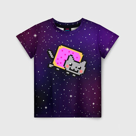 Детская футболка 3D с принтом Nyan Cat в Тюмени, 100% гипоаллергенный полиэфир | прямой крой, круглый вырез горловины, длина до линии бедер, чуть спущенное плечо, ткань немного тянется | cat | meme | nyan cat | space | youtube | животное | звезды | интернет | космос | кошка | мем | прикол | радуга | юмор | ютуб