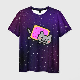 Мужская футболка 3D с принтом Nyan Cat в Тюмени, 100% полиэфир | прямой крой, круглый вырез горловины, длина до линии бедер | cat | meme | nyan cat | space | youtube | животное | звезды | интернет | космос | кошка | мем | прикол | радуга | юмор | ютуб