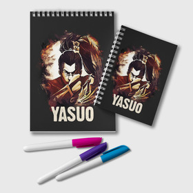 Блокнот с принтом Yasuo в Тюмени, 100% бумага | 48 листов, плотность листов — 60 г/м2, плотность картонной обложки — 250 г/м2. Листы скреплены удобной пружинной спиралью. Цвет линий — светло-серый
 | Тематика изображения на принте: jinx | kda | league | lol | moba | pentakill | riot | rise | rus | skins | варвик | варус | воин | легенд | лига | лол | маг | стрелок | танк | чемпион