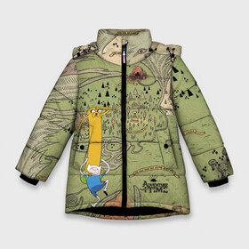 Зимняя куртка для девочек 3D с принтом Adventure time Map в Тюмени, ткань верха — 100% полиэстер; подклад — 100% полиэстер, утеплитель — 100% полиэстер. | длина ниже бедра, удлиненная спинка, воротник стойка и отстегивающийся капюшон. Есть боковые карманы с листочкой на кнопках, утяжки по низу изделия и внутренний карман на молнии. 

Предусмотрены светоотражающий принт на спинке, радужный светоотражающий элемент на пуллере молнии и на резинке для утяжки. | Тематика изображения на принте: adventure time | finn the human | jake the dog | vdzajul | джейк | лич | марселин | ооо | рикардио | снежный король | финн | финн парнишка