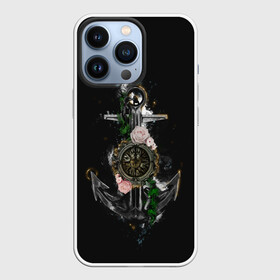Чехол для iPhone 13 Pro с принтом якорь с компасом и цветами в Тюмени,  |  | Тематика изображения на принте: компас | моряк | розы | темный принт | цветы | якорь