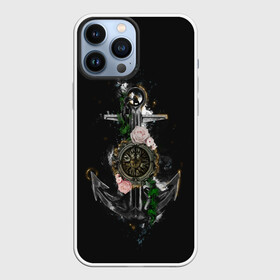 Чехол для iPhone 13 Pro Max с принтом якорь с компасом и цветами в Тюмени,  |  | Тематика изображения на принте: компас | моряк | розы | темный принт | цветы | якорь