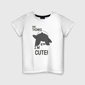 Детская футболка хлопок с принтом She thinks в Тюмени, 100% хлопок | круглый вырез горловины, полуприлегающий силуэт, длина до линии бедер | Тематика изображения на принте: grizzly | ice bear | panda | the three bare bears | vdzajul | we bare bears | белый | вся правда о медведях | гризли | панда | правда