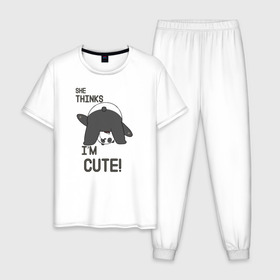 Мужская пижама хлопок с принтом She thinks в Тюмени, 100% хлопок | брюки и футболка прямого кроя, без карманов, на брюках мягкая резинка на поясе и по низу штанин
 | Тематика изображения на принте: grizzly | ice bear | panda | the three bare bears | vdzajul | we bare bears | белый | вся правда о медведях | гризли | панда | правда