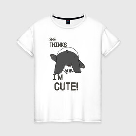 Женская футболка хлопок с принтом She thinks в Тюмени, 100% хлопок | прямой крой, круглый вырез горловины, длина до линии бедер, слегка спущенное плечо | grizzly | ice bear | panda | the three bare bears | vdzajul | we bare bears | белый | вся правда о медведях | гризли | панда | правда