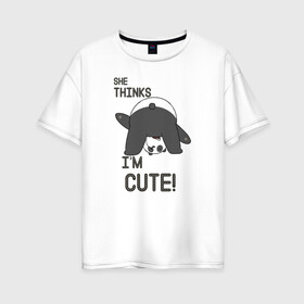 Женская футболка хлопок Oversize с принтом She thinks в Тюмени, 100% хлопок | свободный крой, круглый ворот, спущенный рукав, длина до линии бедер
 | grizzly | ice bear | panda | the three bare bears | vdzajul | we bare bears | белый | вся правда о медведях | гризли | панда | правда