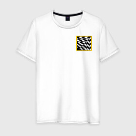 Мужская футболка хлопок с принтом иллюзия  в Тюмени, 100% хлопок | прямой крой, круглый вырез горловины, длина до линии бедер, слегка спущенное плечо. | желтый | иллюзия | клетки | мода | необычно | прикольно | пространство | стильно. | черно белый