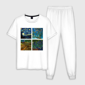 Мужская пижама хлопок с принтом Ван Гог картины в Тюмени, 100% хлопок | брюки и футболка прямого кроя, без карманов, на брюках мягкая резинка на поясе и по низу штанин
 | van gogh | арт | ван гог | галерея | живопись | звездная ночь | знаменитая | искусство | картины | пейзаж | рисование | футболка с ван гогом | художник