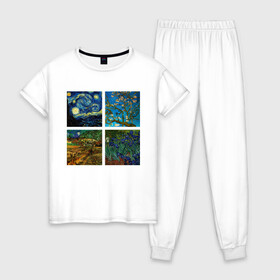 Женская пижама хлопок с принтом Ван Гог картины в Тюмени, 100% хлопок | брюки и футболка прямого кроя, без карманов, на брюках мягкая резинка на поясе и по низу штанин | van gogh | арт | ван гог | галерея | живопись | звездная ночь | знаменитая | искусство | картины | пейзаж | рисование | футболка с ван гогом | художник