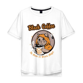 Мужская футболка хлопок Oversize с принтом Black Coffee Cat в Тюмени, 100% хлопок | свободный крой, круглый ворот, “спинка” длиннее передней части | cat | cats | coffee | kitty | magic | prints | картинки | кот | котики | коты | котэ | котята | кофе | кошки | магия | майки | мем | мода | прикол | принты | стиль | тренд | футболки | яркие | яркость