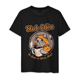 Мужская футболка хлопок с принтом Black Coffee Cat в Тюмени, 100% хлопок | прямой крой, круглый вырез горловины, длина до линии бедер, слегка спущенное плечо. | cat | cats | coffee | kitty | magic | prints | картинки | кот | котики | коты | котэ | котята | кофе | кошки | магия | майки | мем | мода | прикол | принты | стиль | тренд | футболки | яркие | яркость