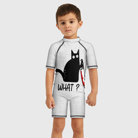 Детский купальный костюм 3D с принтом What cat в Тюмени, Полиэстер 85%, Спандекс 15% | застежка на молнии на спине | cat | kitten | knife | what | вопрос | киса | кот | котёнок | кошак | кошка | кровь | нож | удивление | что