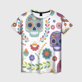 Женская футболка 3D с принтом Мексиканские мотивы в Тюмени, 100% полиэфир ( синтетическое хлопкоподобное полотно) | прямой крой, круглый вырез горловины, длина до линии бедер | Тематика изображения на принте: день мёртвых. череп | мексика | мексиканский | мексиканское | цветок | цветы | черепа