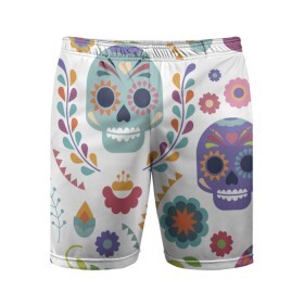 Мужские шорты спортивные с принтом Мексиканские мотивы в Тюмени,  |  | Тематика изображения на принте: день мёртвых. череп | мексика | мексиканский | мексиканское | цветок | цветы | черепа
