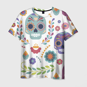 Мужская футболка 3D с принтом Мексиканские мотивы в Тюмени, 100% полиэфир | прямой крой, круглый вырез горловины, длина до линии бедер | день мёртвых. череп | мексика | мексиканский | мексиканское | цветок | цветы | черепа