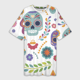 Платье-футболка 3D с принтом Мексиканские мотивы в Тюмени,  |  | день мёртвых. череп | мексика | мексиканский | мексиканское | цветок | цветы | черепа