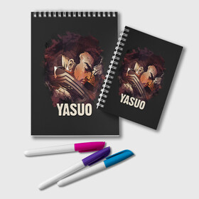 Блокнот с принтом Yasuo в Тюмени, 100% бумага | 48 листов, плотность листов — 60 г/м2, плотность картонной обложки — 250 г/м2. Листы скреплены удобной пружинной спиралью. Цвет линий — светло-серый
 | Тематика изображения на принте: jinx | kda | league | lol | moba | pentakill | riot | rise | rus | skins | варвик | варус | воин | легенд | лига | лол | маг | стрелок | танк | чемпион