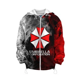 Детская куртка 3D с принтом UMBRELLA CORP в Тюмени, 100% полиэстер | застежка — молния, подол и капюшон оформлены резинкой с фиксаторами, по бокам — два кармана без застежек, один потайной карман на груди, плотность верхнего слоя — 90 г/м2; плотность флисового подклада — 260 г/м2 | ada wong | biohazard | leon | nemesis | project resistance | raccoon city | re2 | resident evil 2 | rpd | stars | umbrella | ада вонг | амбрелла | немесис | ужасы