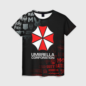 Женская футболка 3D с принтом RESIDENT EVIL (UMBRELLA CORP) в Тюмени, 100% полиэфир ( синтетическое хлопкоподобное полотно) | прямой крой, круглый вырез горловины, длина до линии бедер | ada wong | biohazard | leon | nemesis | project resistance | raccoon city | re | re3 | resident evil | resident evil 3 | rpd | stars | umbrella | ада вонг | амбрелла | немезис | ужасы