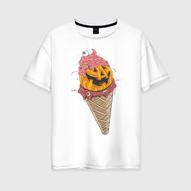 Женская футболка хлопок Oversize с принтом Pumpkin IceCream в Тюмени, 100% хлопок | свободный крой, круглый ворот, спущенный рукав, длина до линии бедер
 | Тематика изображения на принте: helloween | ice cream | icecream | pumpkin | глаз | глазурь | еда | крем | мороженое | рожок | тыква | улыбка