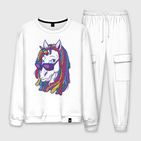 Мужской костюм хлопок с принтом Rasta Unicorn в Тюмени, 100% хлопок | на свитшоте круглая горловина, мягкая резинка по низу. Брюки заужены к низу, на них два вида карманов: два “обычных” по бокам и два объемных, с клапанами, расположенные ниже линии бедра. Брюки с мягкой трикотажной резинкой на поясе и по низу штанин. В поясе для дополнительного комфорта — широкие завязки | bob | bobmarley | dreadlocks | horse | rasta | unicorn | боб марли | дредлок | дредлоки | дреды | единорог | лошадь | раста | растаман | цвет