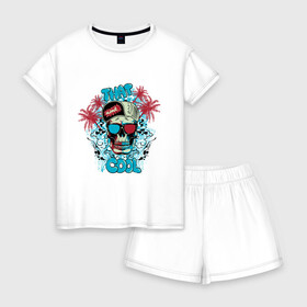 Женская пижама с шортиками хлопок с принтом That Cool в Тюмени, 100% хлопок | футболка прямого кроя, шорты свободные с широкой мягкой резинкой | Тематика изображения на принте: cool | skull | арт | через