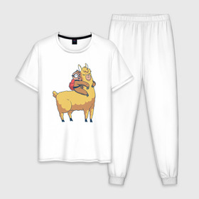 Мужская пижама хлопок с принтом Ленивец и лама в Тюмени, 100% хлопок | брюки и футболка прямого кроя, без карманов, на брюках мягкая резинка на поясе и по низу штанин
 | llama | sloth | лама | ламы | ленивец | ленивцы