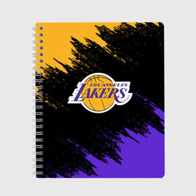 Тетрадь с принтом LA LAKERS в Тюмени, 100% бумага | 48 листов, плотность листов — 60 г/м2, плотность картонной обложки — 250 г/м2. Листы скреплены сбоку удобной пружинной спиралью. Уголки страниц и обложки скругленные. Цвет линий — светло-серый
 | america | basketball | kobe bryant | la | la lakers | lakers | los angeles lakers | nba | usa | баскетбол | кобе брайант | лос анджелес лейкерс | нба | сша