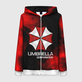 Женская толстовка 3D на молнии с принтом UMBRELLA CORP в Тюмени, 100% полиэстер | длина до линии бедра, манжеты и пояс оформлены мягкой тканевой резинкой, двухслойный капюшон со шнурком для регулировки, спереди молния, по бокам два кармана | biohazard | biohazard 7 | crocodile | fang | game | hand | monster | new umbrella | resident evil | resident evil 7 | umbrella | umbrella corp | umbrella corporation | zombie | обитель