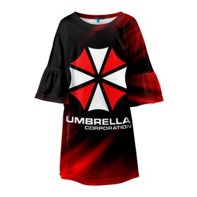 Детское платье 3D с принтом Umbrella Corporation в Тюмени, 100% полиэстер | прямой силуэт, чуть расширенный к низу. Круглая горловина, на рукавах — воланы | corp | corporation | resident evil | umbrella | umbrella corporation | зомби апокалипсис | зонт | игра