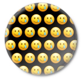 Значок с принтом New Emoji в Тюмени,  металл | круглая форма, металлическая застежка в виде булавки | crying | emoji | smile | smiling face with tear | tear | плачущий | слеза | смайлик | улыбка | эмодзи