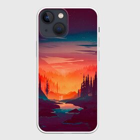 Чехол для iPhone 13 mini с принтом Minimal forest sunset в Тюмени,  |  | Тематика изображения на принте: forest | light | minimal | mountain | orange | purple | stone | sunset | water | вода | горы | закат | минимализм | оранжевый | фиолетовый