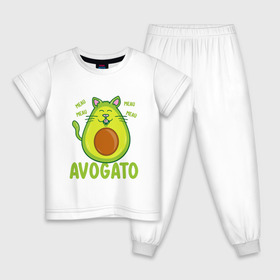 Детская пижама хлопок с принтом AVOGATO в Тюмени, 100% хлопок |  брюки и футболка прямого кроя, без карманов, на брюках мягкая резинка на поясе и по низу штанин
 | Тематика изображения на принте: avocado | avocato | avogato | cat | cats | авокадо | авокато | авокот | картинка | картинки | кот | коте | котэ | прикольная | прикольные
