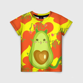Детская футболка 3D с принтом авокадо в Тюмени, 100% гипоаллергенный полиэфир | прямой крой, круглый вырез горловины, длина до линии бедер, чуть спущенное плечо, ткань немного тянется | Тематика изображения на принте: avocado | cat | cats | funny | авокадо | зеленый авокадо | кот