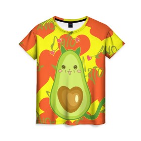 Женская футболка 3D с принтом авокадо в Тюмени, 100% полиэфир ( синтетическое хлопкоподобное полотно) | прямой крой, круглый вырез горловины, длина до линии бедер | avocado | cat | cats | funny | авокадо | зеленый авокадо | кот