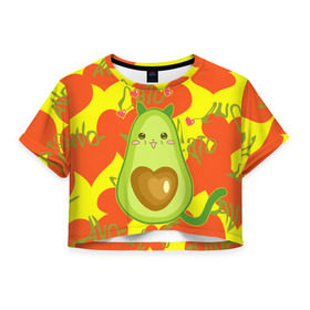 Женская футболка Crop-top 3D с принтом авокадо в Тюмени, 100% полиэстер | круглая горловина, длина футболки до линии талии, рукава с отворотами | avocado | cat | cats | funny | авокадо | зеленый авокадо | кот