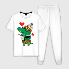 Мужская пижама хлопок с принтом Модный крокодил в Тюмени, 100% хлопок | брюки и футболка прямого кроя, без карманов, на брюках мягкая резинка на поясе и по низу штанин
 | Тематика изображения на принте: крокодил | мода | стиль | хипстер | юмор