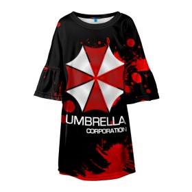 Детское платье 3D с принтом UMBRELLA CORP в Тюмени, 100% полиэстер | прямой силуэт, чуть расширенный к низу. Круглая горловина, на рукавах — воланы | Тематика изображения на принте: biohazard | biohazard 7 | crocodile | fang | game | hand | monster | new umbrella | resident evil | resident evil 7 | umbrella | umbrella corp | umbrella corporation | zombie | обитель