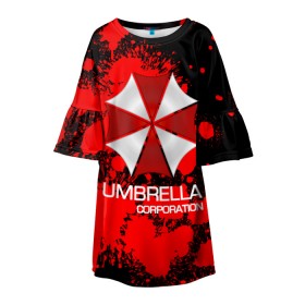 Детское платье 3D с принтом UMBRELLA CORP в Тюмени, 100% полиэстер | прямой силуэт, чуть расширенный к низу. Круглая горловина, на рукавах — воланы | Тематика изображения на принте: biohazard | biohazard 7 | crocodile | fang | game | hand | monster | new umbrella | resident evil | resident evil 7 | umbrella | umbrella corp | umbrella corporation | zombie | обитель