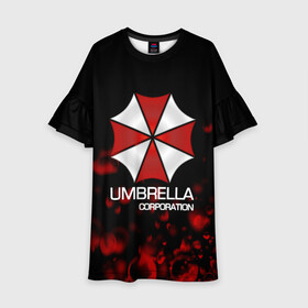 Детское платье 3D с принтом UMBRELLA CORP в Тюмени, 100% полиэстер | прямой силуэт, чуть расширенный к низу. Круглая горловина, на рукавах — воланы | Тематика изображения на принте: biohazard | biohazard 7 | crocodile | fang | game | hand | monster | new umbrella | resident evil | resident evil 7 | umbrella | umbrella corp | umbrella corporation | zombie | обитель