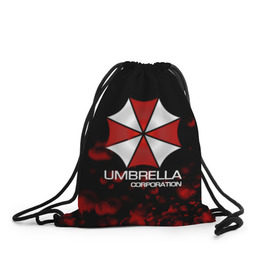 Рюкзак-мешок 3D с принтом UMBRELLA CORP в Тюмени, 100% полиэстер | плотность ткани — 200 г/м2, размер — 35 х 45 см; лямки — толстые шнурки, застежка на шнуровке, без карманов и подкладки | Тематика изображения на принте: biohazard | biohazard 7 | crocodile | fang | game | hand | monster | new umbrella | resident evil | resident evil 7 | umbrella | umbrella corp | umbrella corporation | zombie | обитель